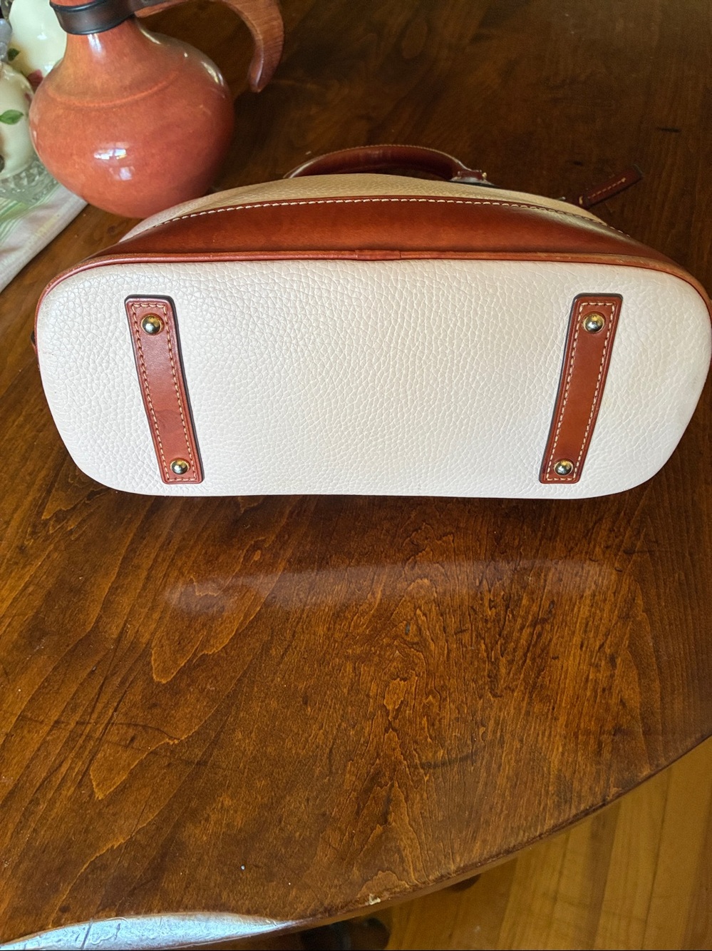 Dooney & Bourke Cream Pebbled Leather Satchel with Brown Trim - Picture 4 of 9